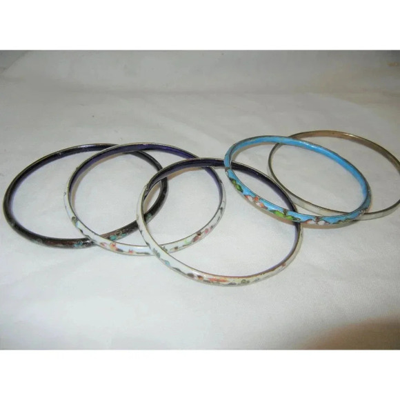 Vintage Cloisonné Enamel Bangle and Mother of Pearl Bracelets Set -five jewelry - Picture 2 of 8